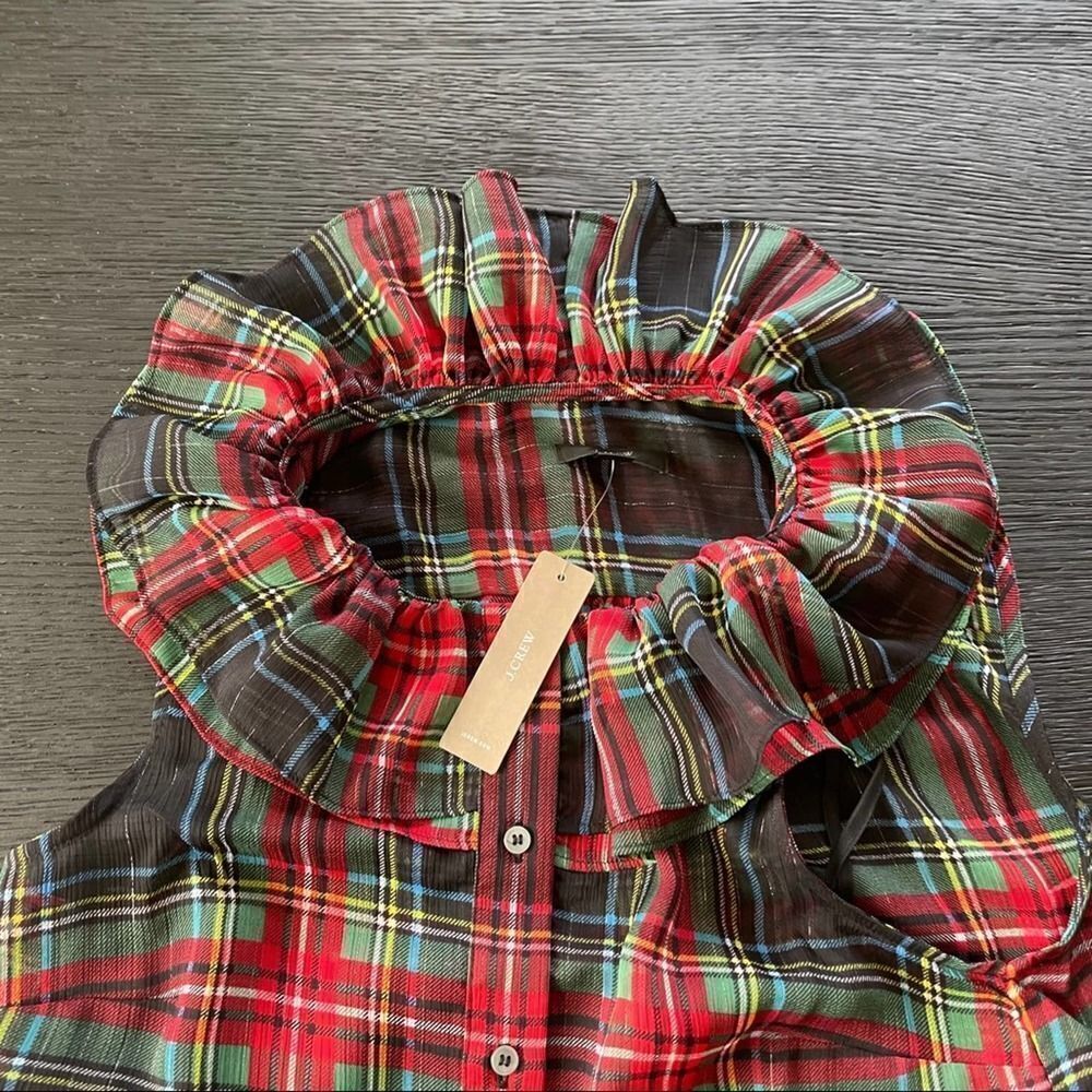 J.CREW Sleeveless Ruffle Collar Top Black Stewart Tartan Plaid Blouse XSMALL - Picture 8 of 9